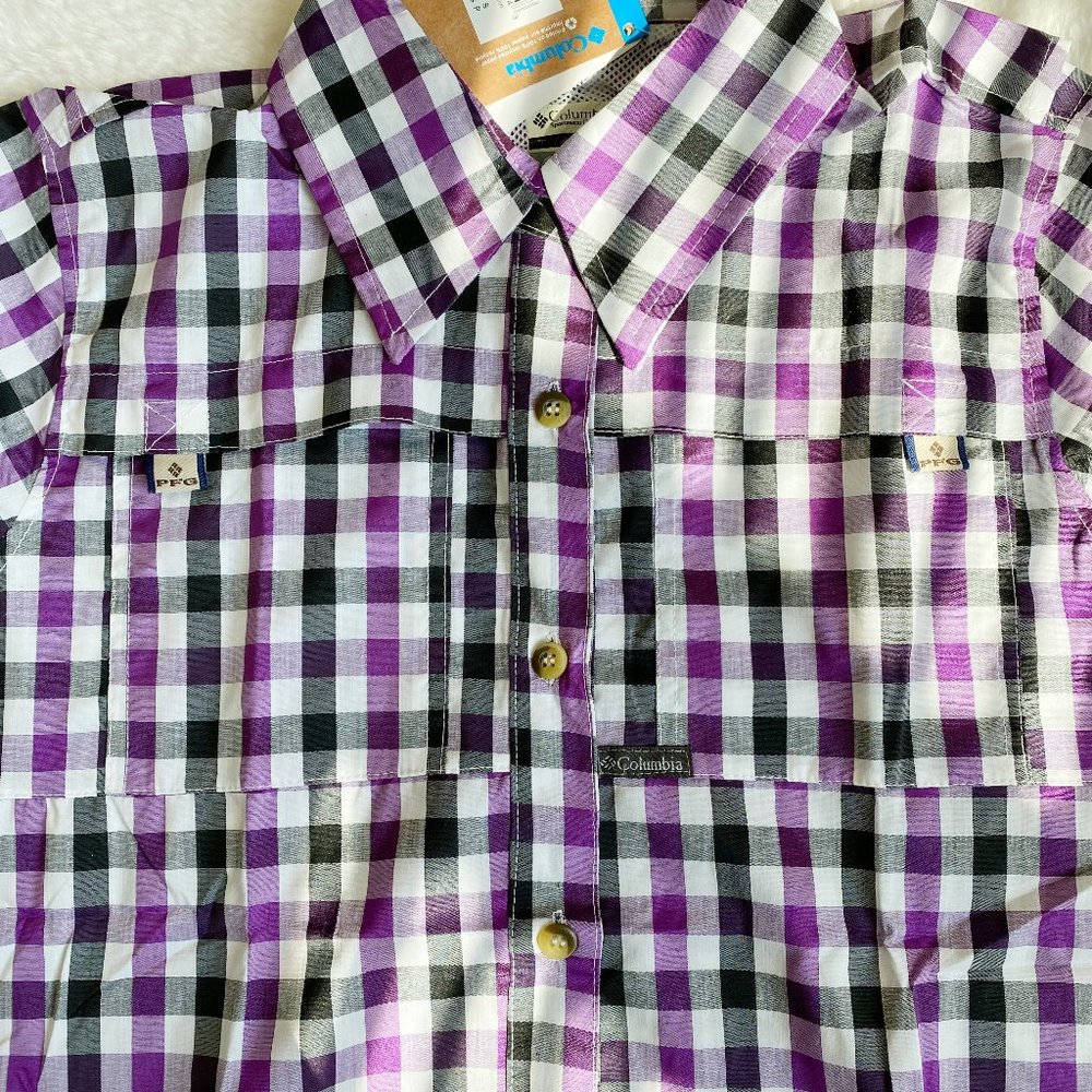 Columbia, Women's PFG Bonehead Short Sleeve Shirts, Purple Plaid, Size S / XL - Picture 2 of 12